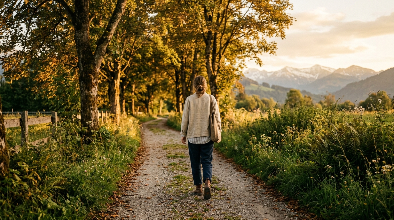 Person spaziert auf einem ruhigen Weg durch einen herbstlichen Park