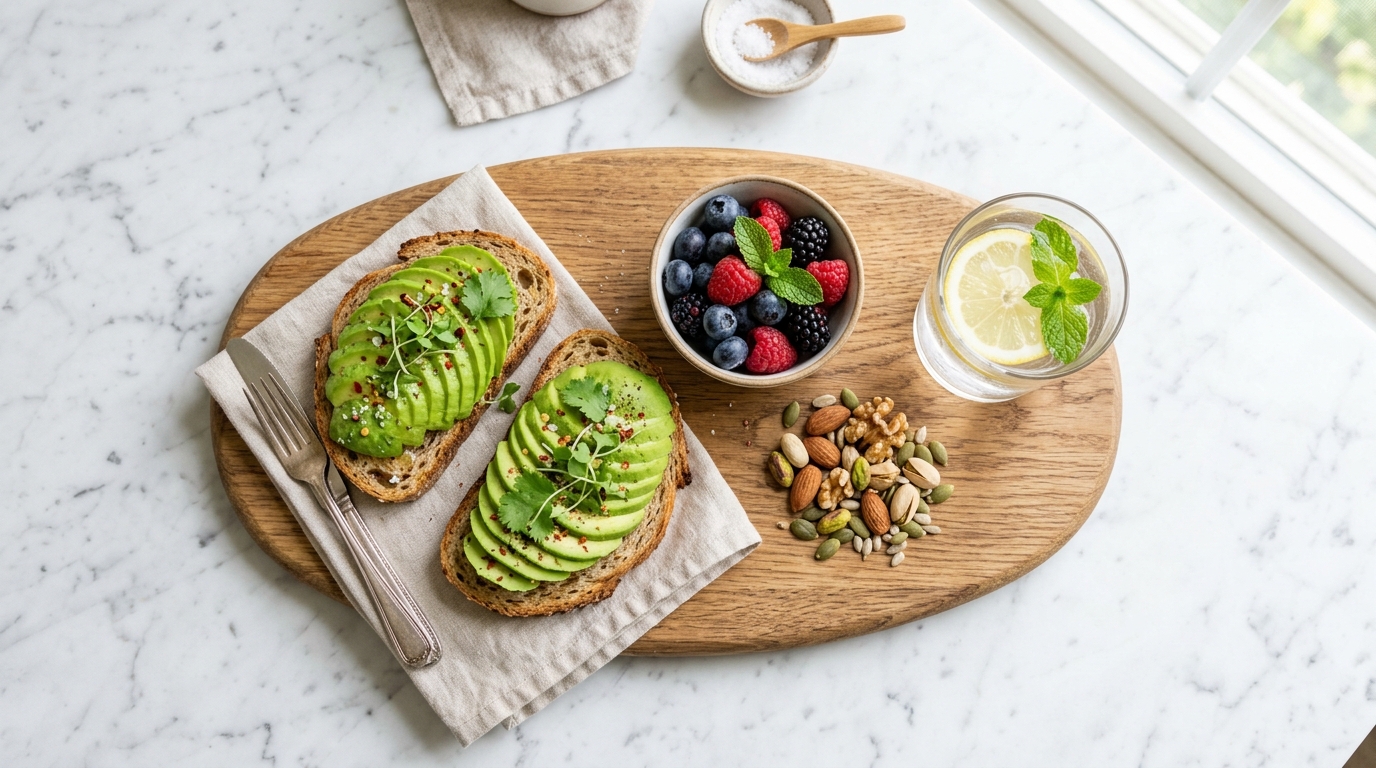 Gesundes Frühstück mit Avocado, Vollkornbrot und frischen Beeren auf einem Marmortisch